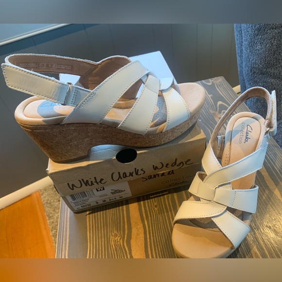 Clarks Shoes - Clarks like new Women's Giselle Beach Wedge Sandal white leather 9 3” heel